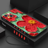 Luxury Oil Painting Flower Silicone Case With Lanyard For iPhone 14 13 12 series