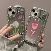 Gradient Rose Tulip Silver Soft Silicone Case For iPhone 14 13 12 series