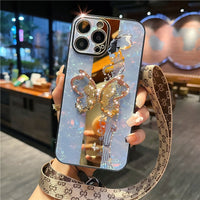 Luxury Rhinestone Glitter 3D Butterfly Bracket Case With Lanyard Holder For iPhone 14 13 12 series