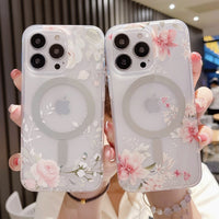 Magnetic Charging Magsafe Frosted Transparent Flower Case for iPhone 14 13 12 series