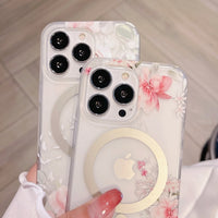 Magnetic Charging Magsafe Frosted Transparent Flower Case for iPhone 14 13 12 series