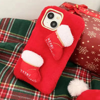 Merry Christmas Cute Warm Furry Christmas Tree Socks Pattern Case For iPhone 15 14 13 12 series