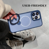 Metal Lens Ring Camera Glass Protection Phone Case With Magnetic Magsafe Rotating Stand For iPhone 15 14 13 12 series