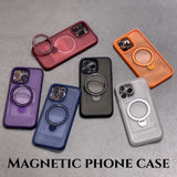 Metal Lens Ring Camera Glass Protection Phone Case With Magnetic Magsafe Rotating Stand For iPhone 15 14 13 12 series