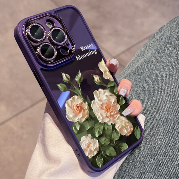 Blooming Roses Diamond Lens Protection Soft Case For iPhone 14 13 12 series