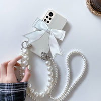 Pearl Necklace Cloth Bow Bling Diamond Case Cover For iPhone 14 13 12 series