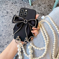 Pearl Necklace Cloth Bow Bling Diamond Case Cover For iPhone 14 13 12 series