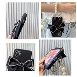 Pearl Necklace Cloth Bow Bling Diamond Case Cover For iPhone 14 13 12 series