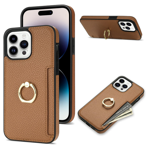 Ring Holder Card Slot Leather Wallet Case for iPhone 15 14 13 12 series