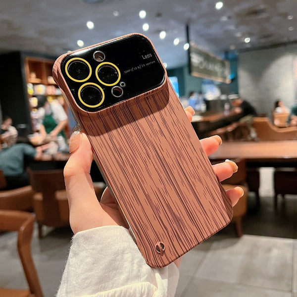 Slim Wood Pattern Frameless Lens Protector Hard PC Case For iPhone 14 13 12 series
