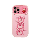 Stacked Strawberry Pink Bear Panda with Sliding Camera Lens Protection Case For iPhone 14 13 12 series