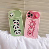 Stacked Strawberry Pink Bear Panda with Sliding Camera Lens Protection Case For iPhone 14 13 12 series