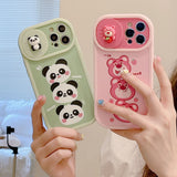 Stacked Strawberry Pink Bear Panda with Sliding Camera Lens Protection Case For iPhone 14 13 12 series