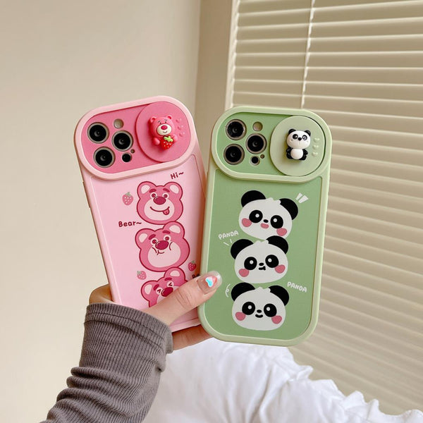 Stacked Strawberry Pink Bear Panda with Sliding Camera Lens Protection Case For iPhone 14 13 12 series
