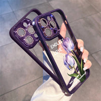 Transparent Tulip Flower Camera Film Protector Hard PC Case For iPhone 14 13 12 series