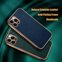 Luxury Real Cowhide Leather Frame Electroplating Phone Case for iPhone 12 11 Series