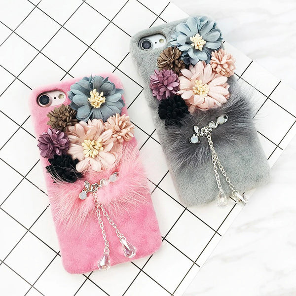 Luxury Bling Diamond Flower Plush Mink Furry Cases For iPhone 11 Series