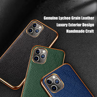 Real Pure Cowhide Leather Golden Plating Frame Full wrapped Case for iPhone 12 11 Series