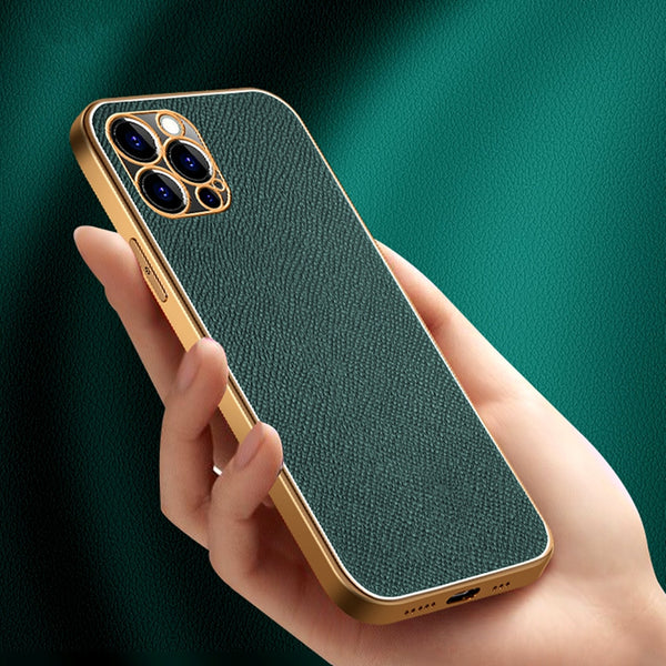 Luxury Real Cowhide Leather Frame Electroplating Phone Case for iPhone 12 11 Series