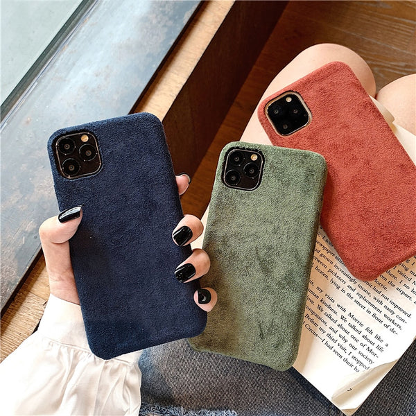 Fashion Solid Color Cloth Case For iPhone 11 Series Soft Silicone Slim Warm Plush Fabric Cover