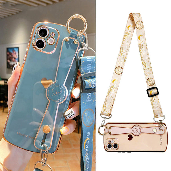 Luxury Electroplating Oval Case With Wristband Stand & Lanyard For iPhone 12 11 Series