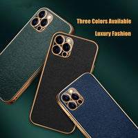 Luxury Real Cowhide Leather Frame Electroplating Phone Case for iPhone 12 11 Series