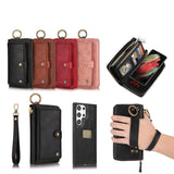 Cards Slot Leather Zipper Wallet Case With Wristband Ring Holder For Samsung S23 S22 S21 Ultra Plus