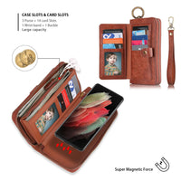 Cards Slot Leather Zipper Wallet Case With Wristband Ring Holder For Samsung S23 S22 S21 Ultra Plus