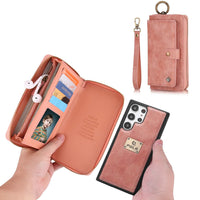 Cards Slot Leather Zipper Wallet Case With Wristband Ring Holder For Samsung S23 S22 S21 Ultra Plus