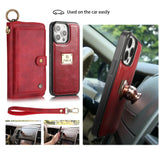 Zipper Cards Slot Business Leather Wallet Case With Ring Holder And Wristband For iPhone 15 14 13 12 series