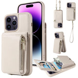 Zipper Leather Wallet Card Slots Case With Crossbody Lanyard Strap For iPhone 15 14 13 12 series