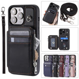 Crossbody Lanyard Flip Leather Zipper Wallet Card Slots Case For iPhone 15 14 13 12 series