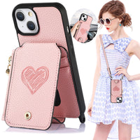 Zipper Wallet Vertical Cards Slot Leather Case With Shoulder Strap For iPhone 14 13 12 series