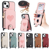 Zipper Wallet Vertical Cards Slot Leather Case With Shoulder Strap For iPhone 14 13 12 series