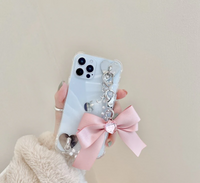 3D Bow Pearl Bracelet Chain Soft Case For iPhone 14 13 12 series