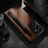 Aoge Leather Case Luxuly Texture With Pen Slot Phone Back Cover For Samsung S21 Ultra