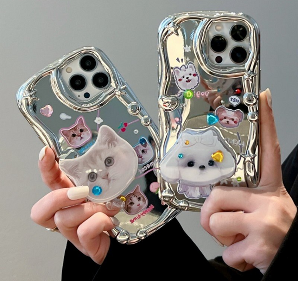 Cute Cat Stand Holder Lovely Dog Bracket Soft Plating Case For iPhone 14 13 12 series