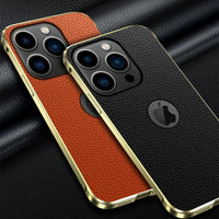 Retro Slim Alloy Metal Bumper Leather Phone Case for iPhone 13 series