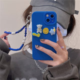 Cute Cartoon Bear Bracelet Blue Phone Case with Wristchain For iPhone 13 12 11 Series