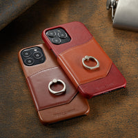 Top Grade Leather Card Slot Back Case with Finger Ring Kickstand Stand for iPhone 13 12 11 Pro Max Mini