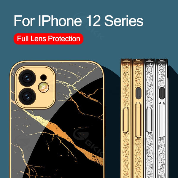 Luxury Plating Carving Edge Protection Tempered Glass Case For IPhone 12 Series