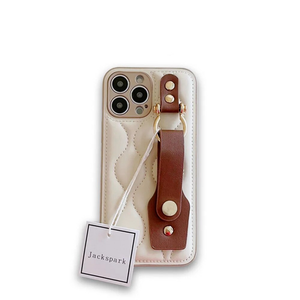 Luxury White Brown Minimalism Soft Leather Case With Wristband iPhone 15 14 13 12 series