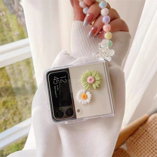 Transparent Daisy Flowers Pearl Bracelet Case for Galaxy Z Flip 3