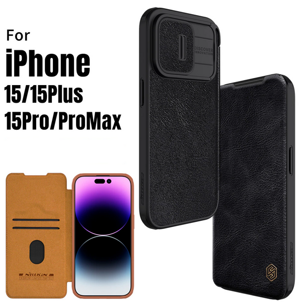 Slide Camera Protection Card Slot Leather Case Case for iPhone 15 series