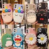 Cartoon Silicone Cat Unicorn Flower Case with Strap For iPhone 12 11 Series