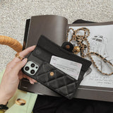 New Luxury Metal Ball Live Buckle Chain Strap Lambskin Rhombus Wallet Case For iPhone 12 11 Series