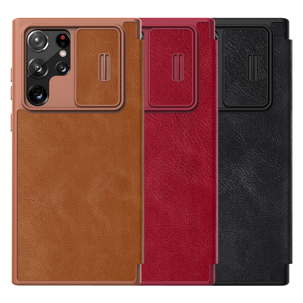 Slide Cover Camera Protection Flip Leather Case For Samsung Galaxy S22 Ultra Plus