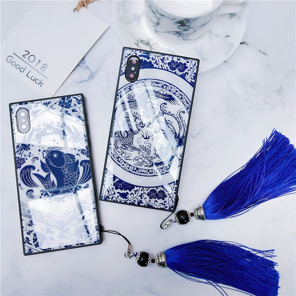Blue-White Porcelain Tempered Glass Cover Phone With Strap for iPhone X XS 8 7 Plus 6 6s