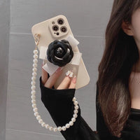 Camellia Pearl Bracelet Chain Liquid Silicone Case For iPhone 14 13 12 series