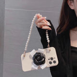 Camellia Pearl Bracelet Chain Liquid Silicone Case For iPhone 14 13 12 series